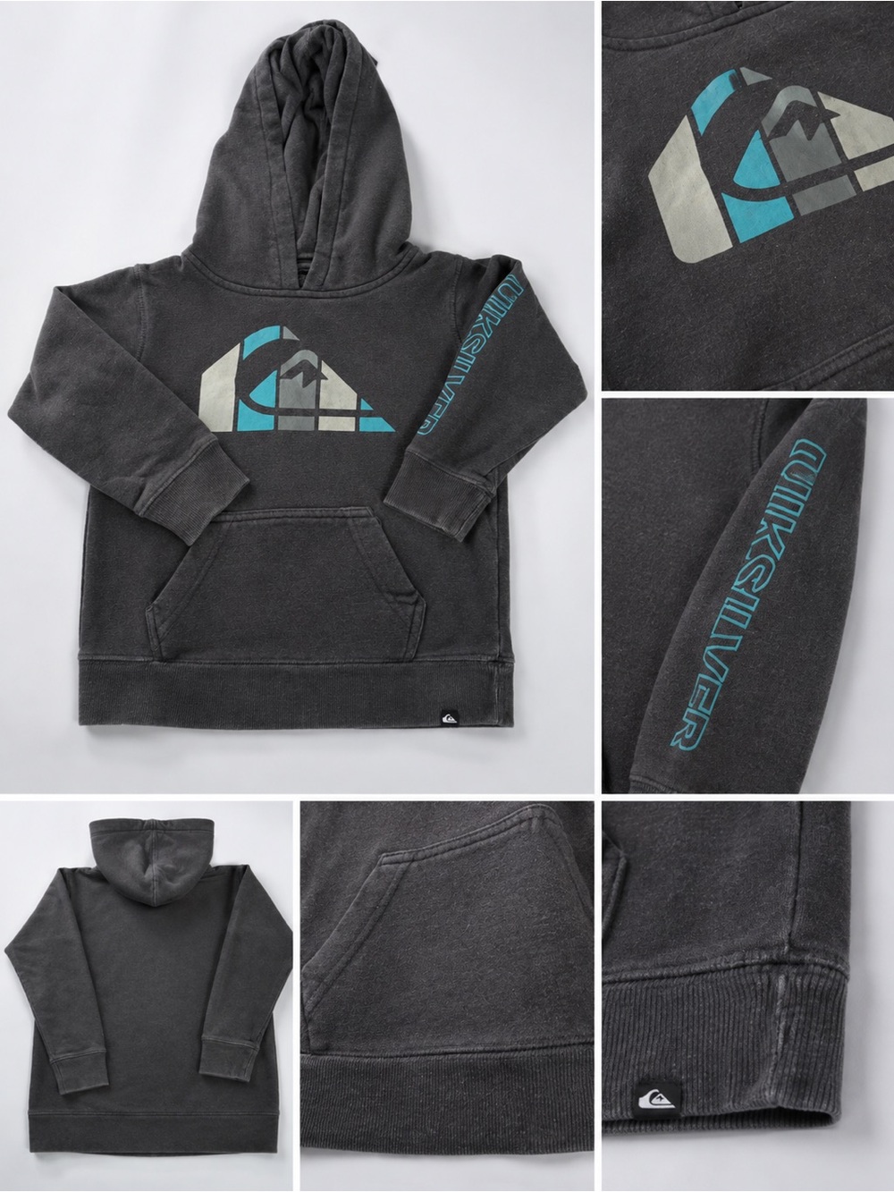 Quiksilver Kids Charcoal Pullover Hoodie with Teal and Light Gray Logo